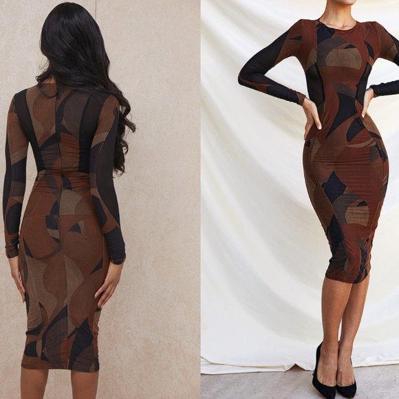 House of CB 'Cassidy' Brown Mesh Printed Long Sleeve Midi Dress NWOT - Picture 10 of 16